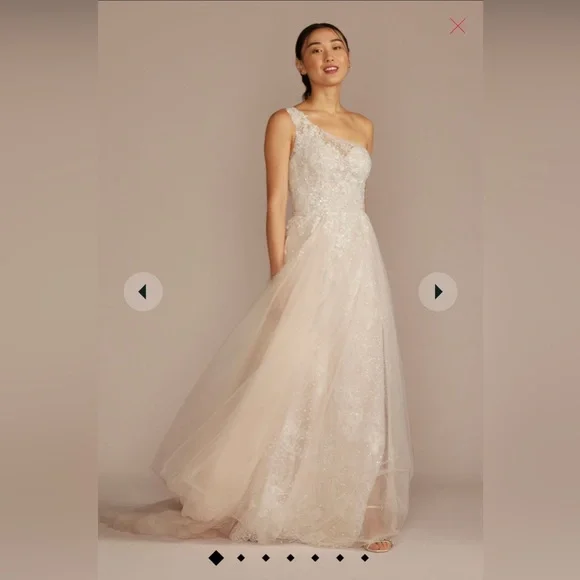 David’s Bridal- One-shoulder beaded wedding dress with overskirt - Picture 3 of 12